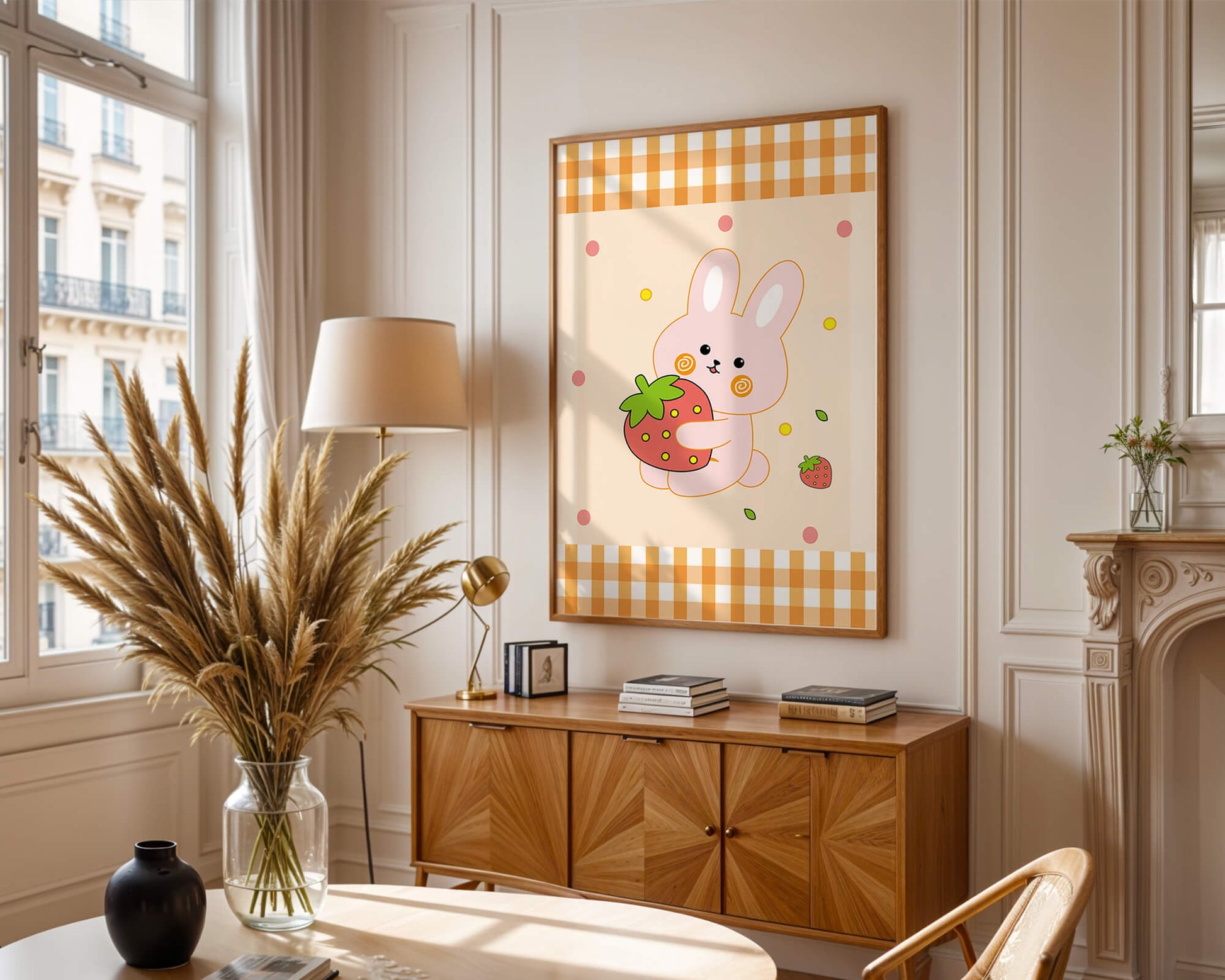 Adorable bunny holding strawberry illustration with gingham pattern