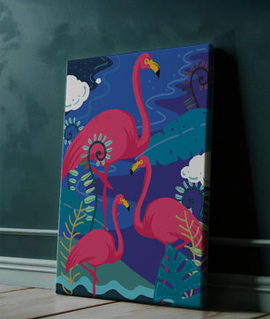 Colorful illustration of flamingos in a tropical setting