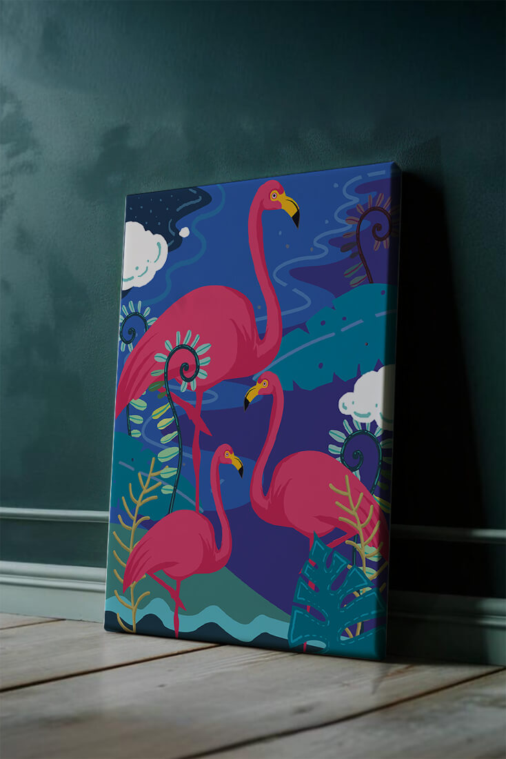 Colorful illustration of flamingos in a tropical setting