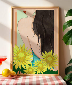 Ilustración de una mujer elegante con girasoles y cabello largo y oscuro