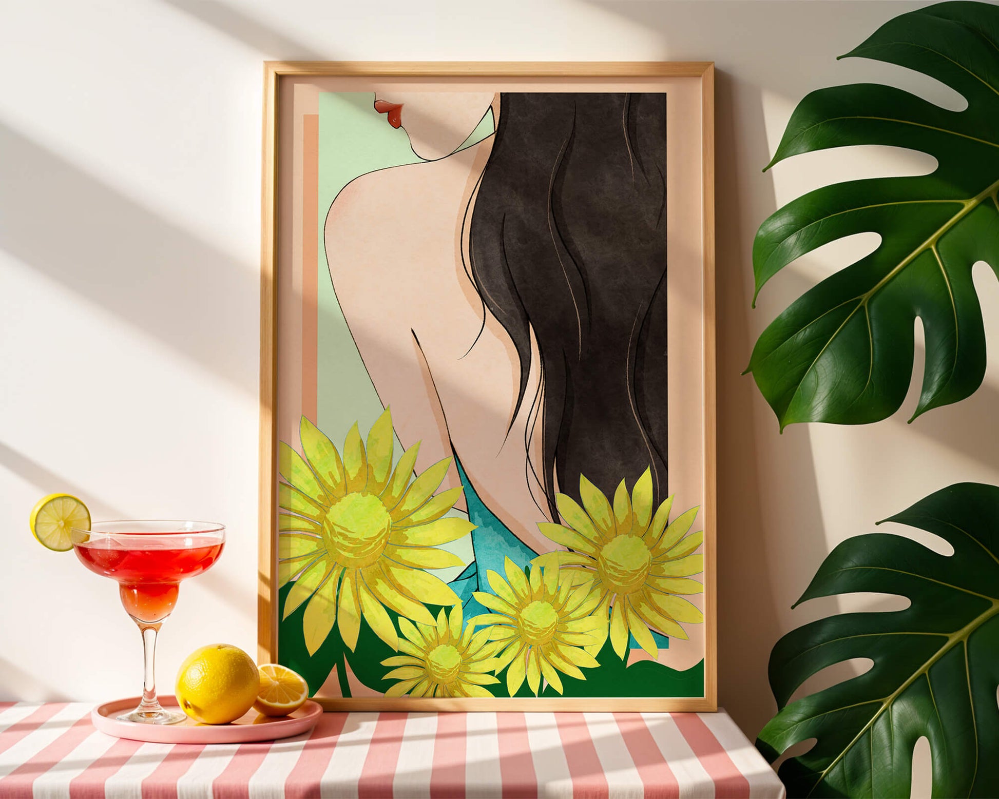 Ilustración de una mujer elegante con girasoles y cabello largo y oscuro