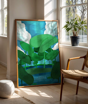 Serene landscape with lush green leaves and blue horizon