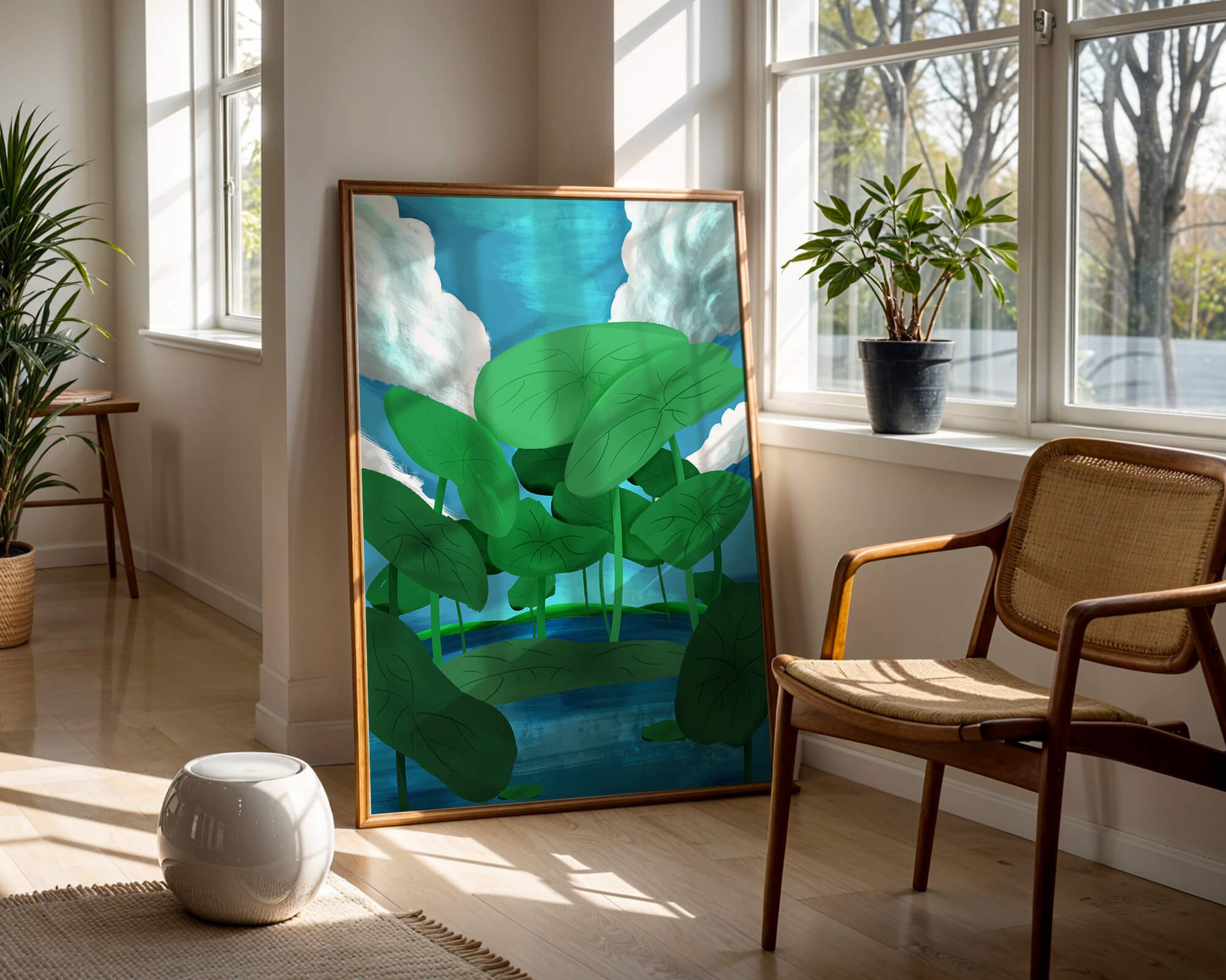 Serene landscape with lush green leaves and blue horizon