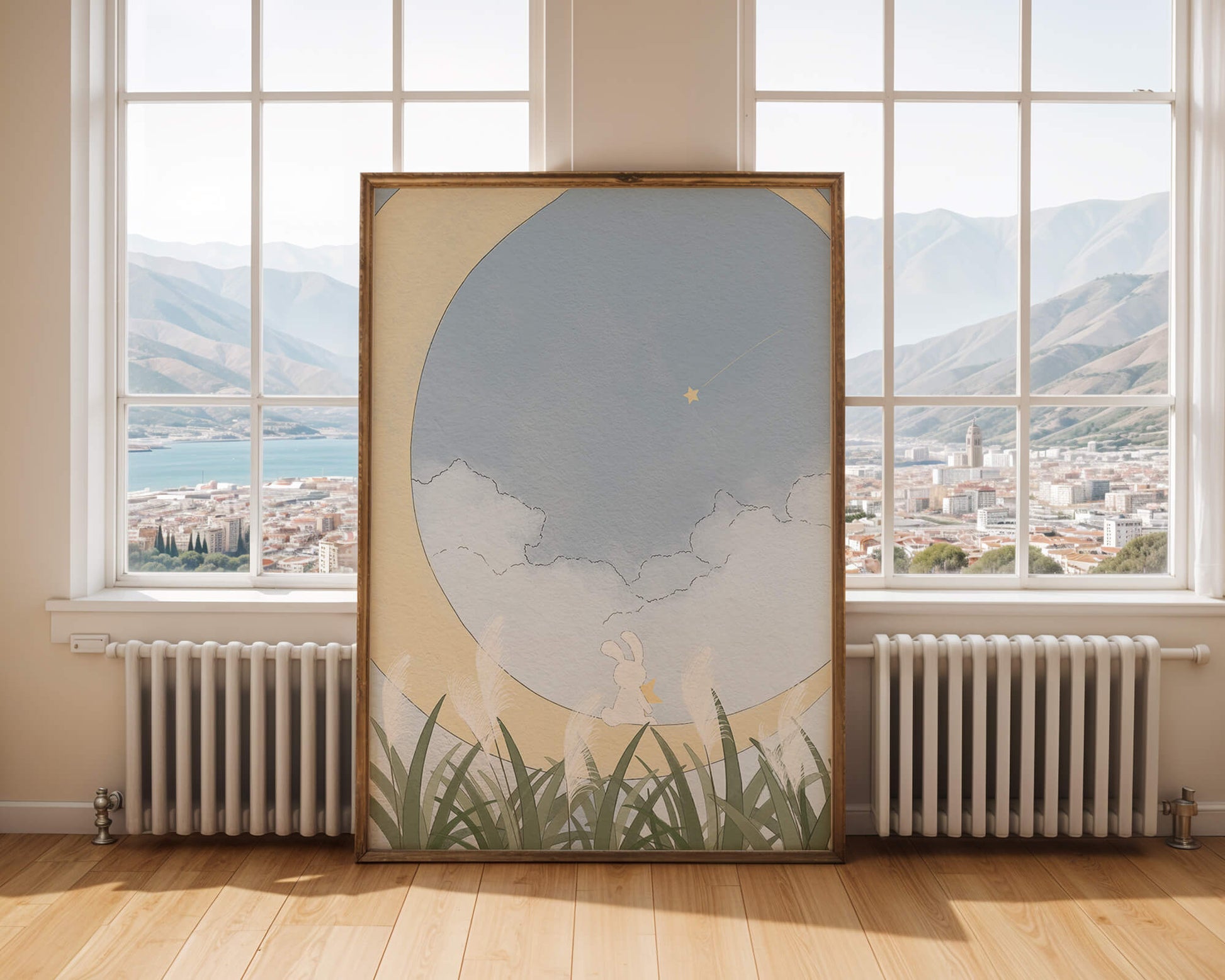 Dreamy Rabbit Sitting on Crescent Moon with Star and Clouds in Sky