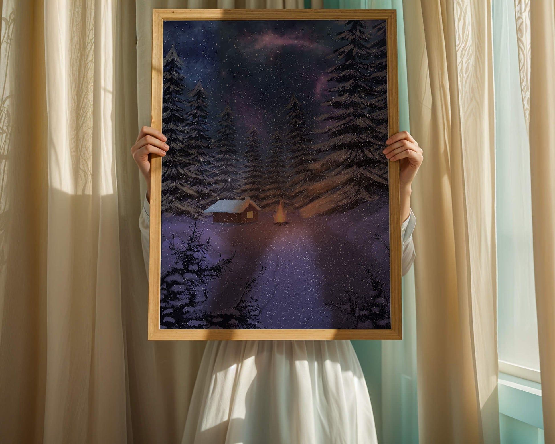 Winter night landscape with snowy cabin and pine forest