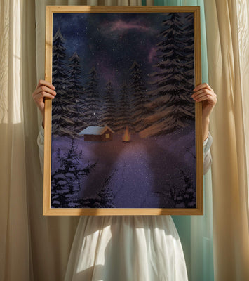 Winter night landscape with snowy cabin and pine forest