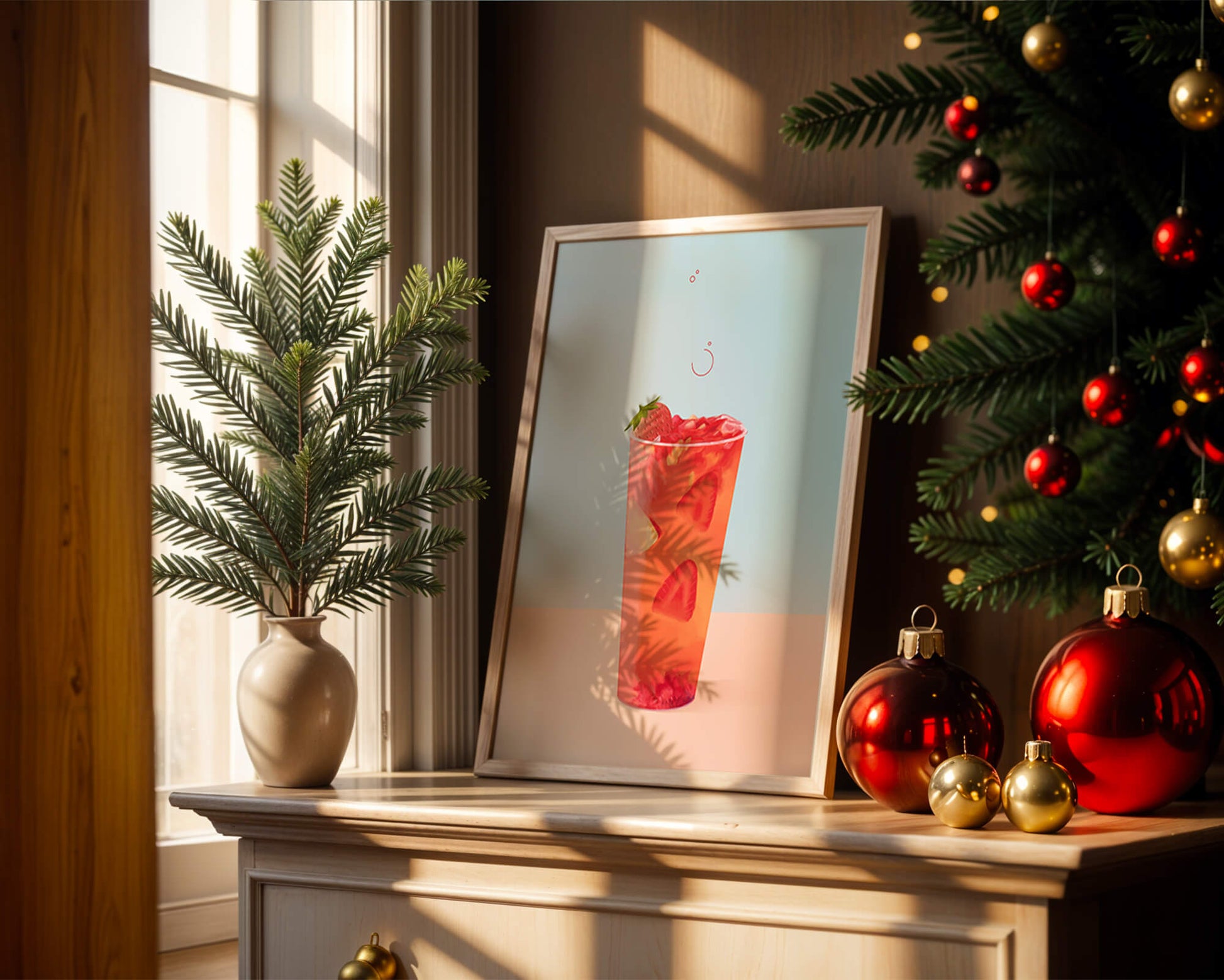 Refreshing strawberry drink with floating slices on pastel background