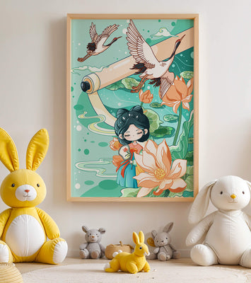 Serene Asian Art Illustration with Cranes and Lotus Flowers