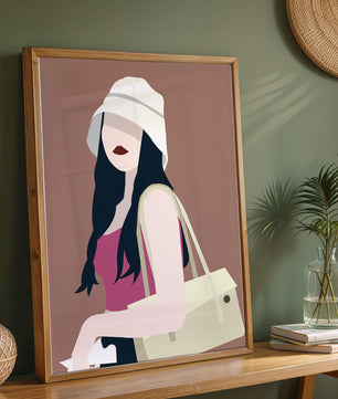 Ilustración elegante de una mujer con sombrero de cubo y ropa casual
