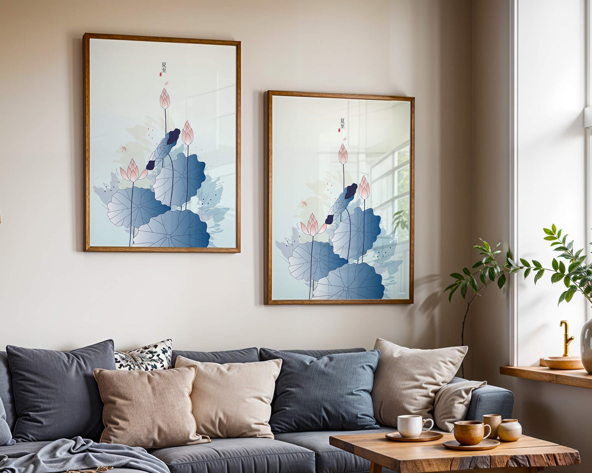 Lotus flower and dragonflies in elegant pastel illustration