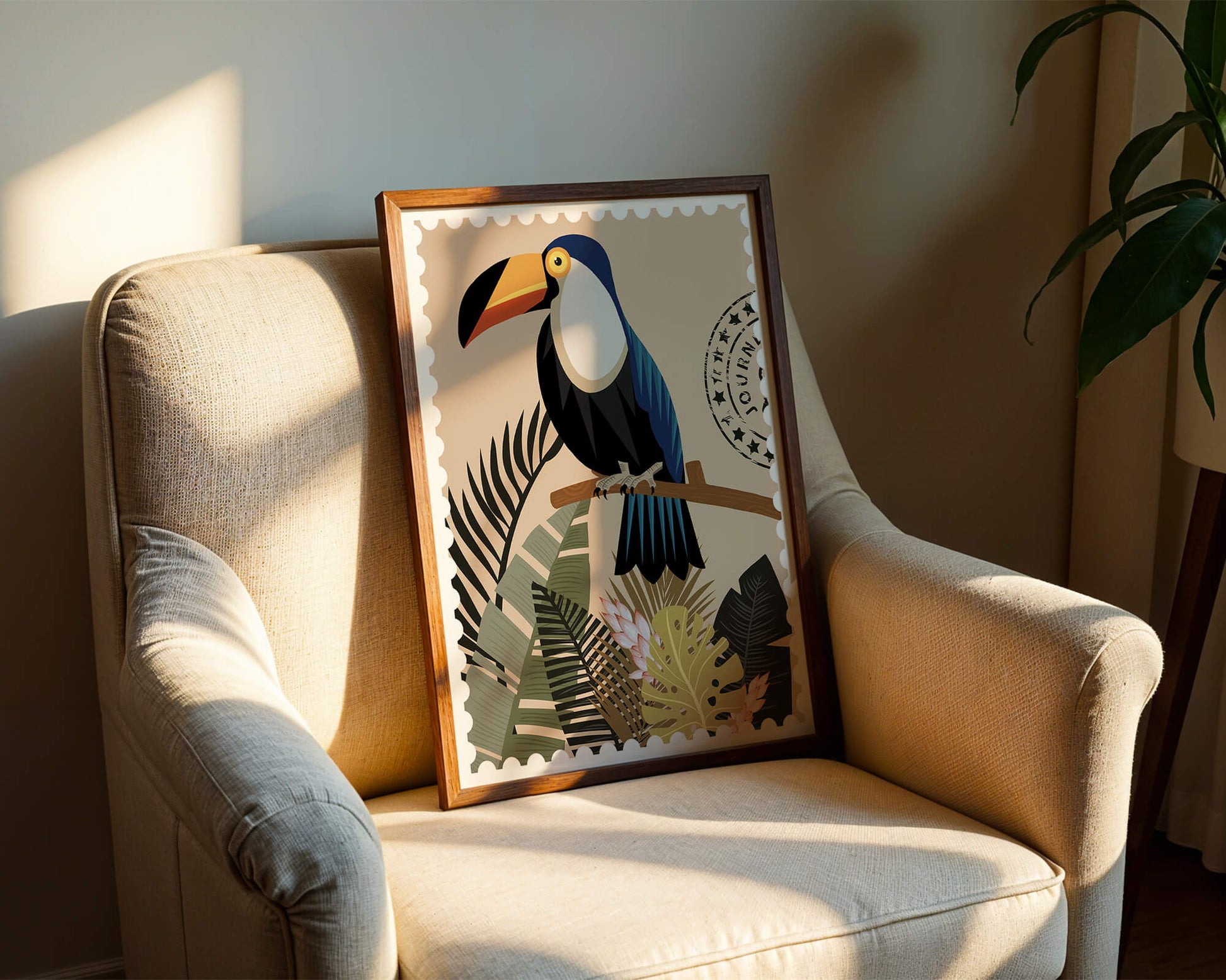 Colorful Toucan Surrounded by Tropical Leaves with Travel Stamp