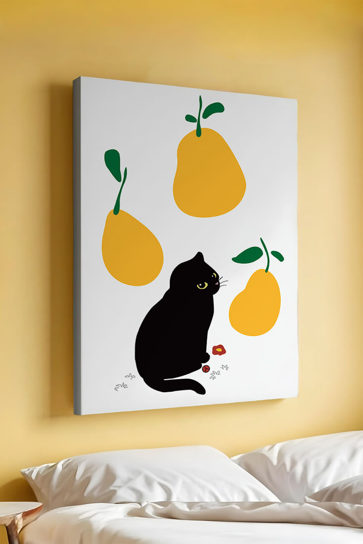 Ilustración de gato negro con peras amarillas y hojas verdes