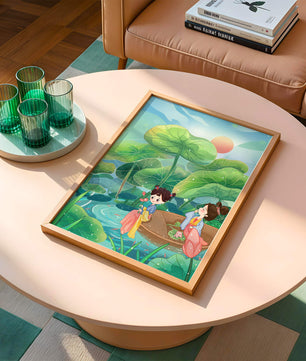 Charming illustration of children on a boat in a lush lotus pond