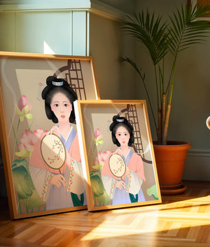 Elegant traditional Asian woman in pastel attire with floral background