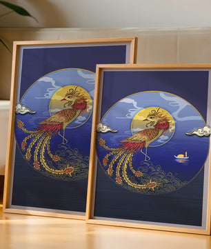 Phénix doré aux plumes éclatantes dans un décor marin mystique