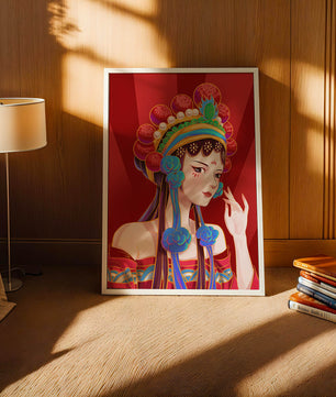 Traditional Asian art depicting stylized woman with ornate headdress