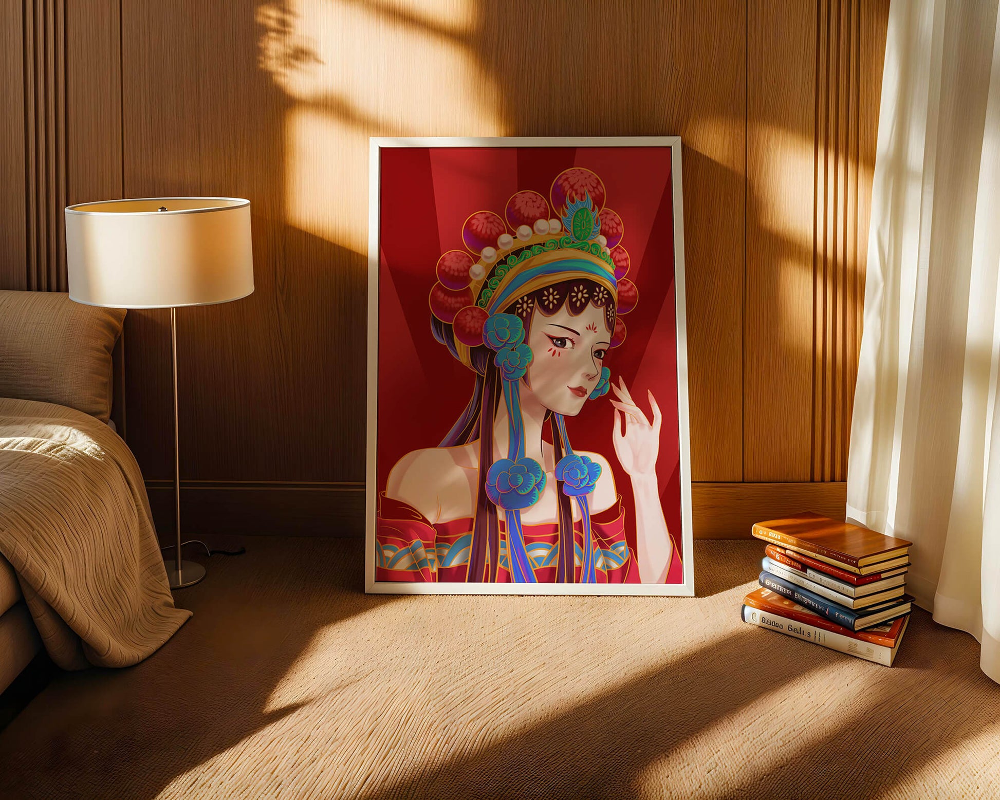 Traditional Asian art depicting stylized woman with ornate headdress