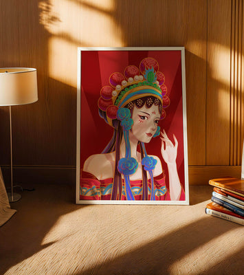 Traditional Asian art depicting stylized woman with ornate headdress