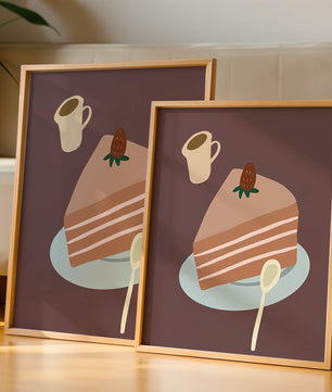 Ilustración de una porción de pastel con fresa y café