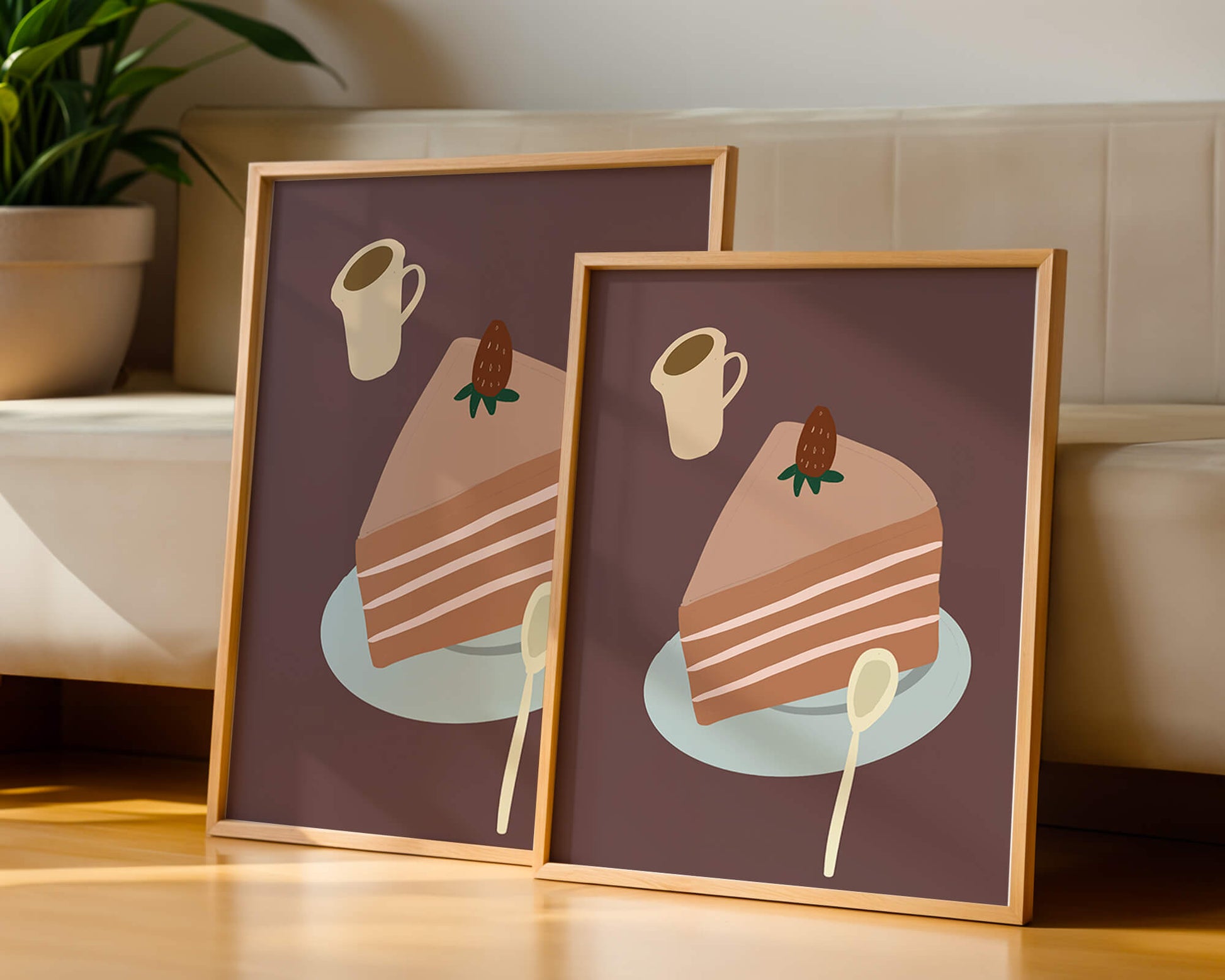 Illustration of a cake slice with strawberry and coffee