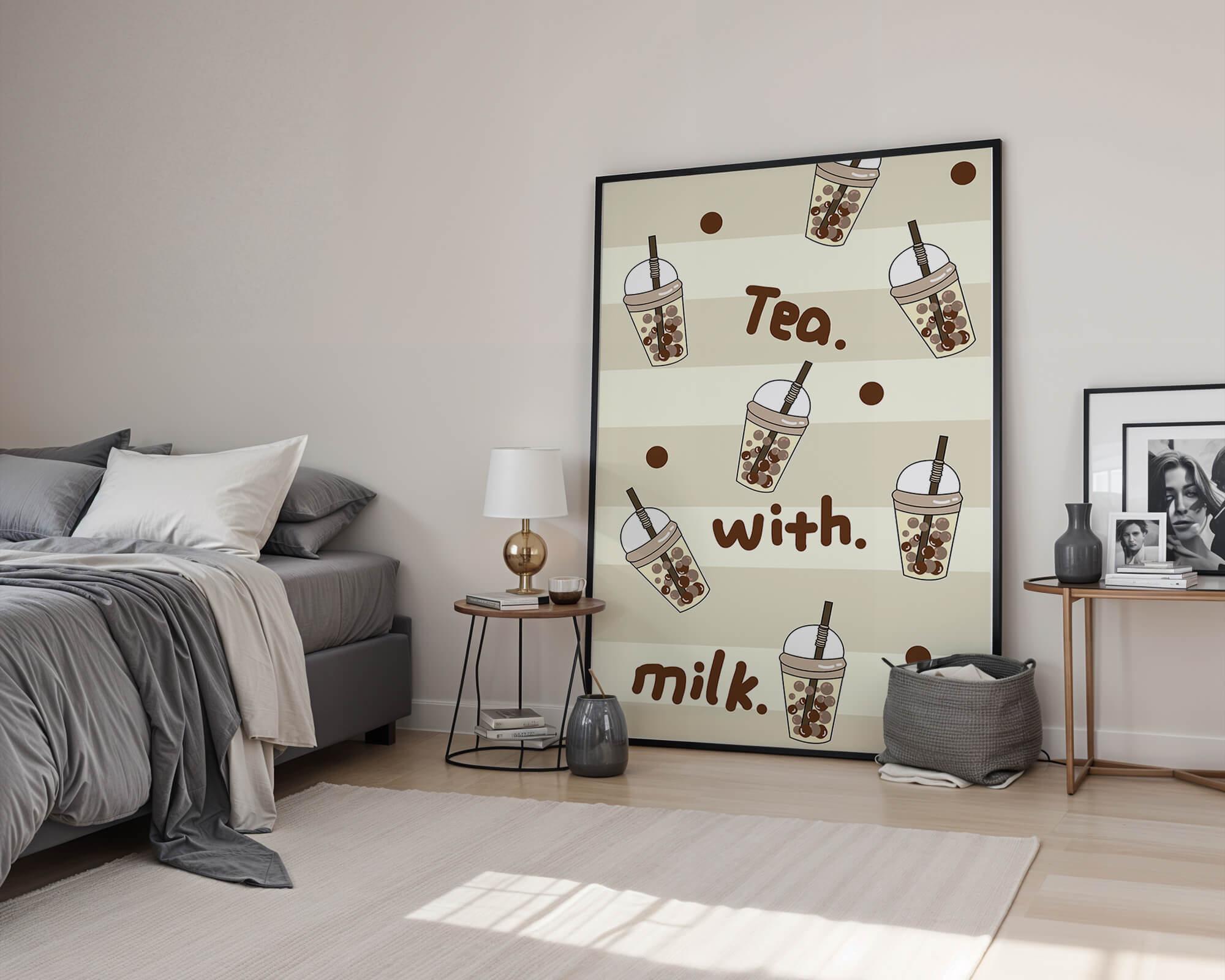 Boba tea pattern with text and bubble illustrations