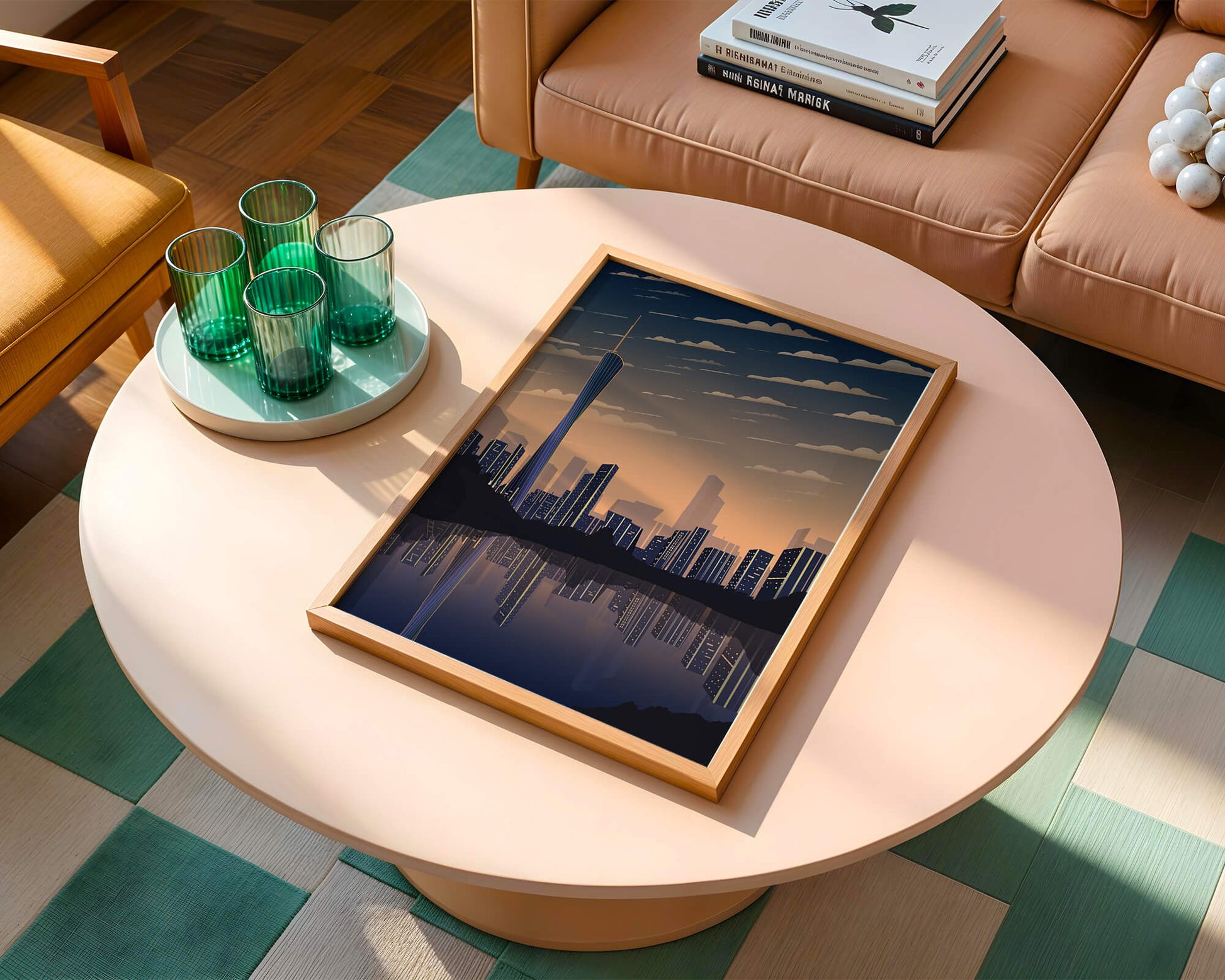 Skyline der Stadt bei Sonnenuntergang mit futuristischem Touch und Wasserspiegelung