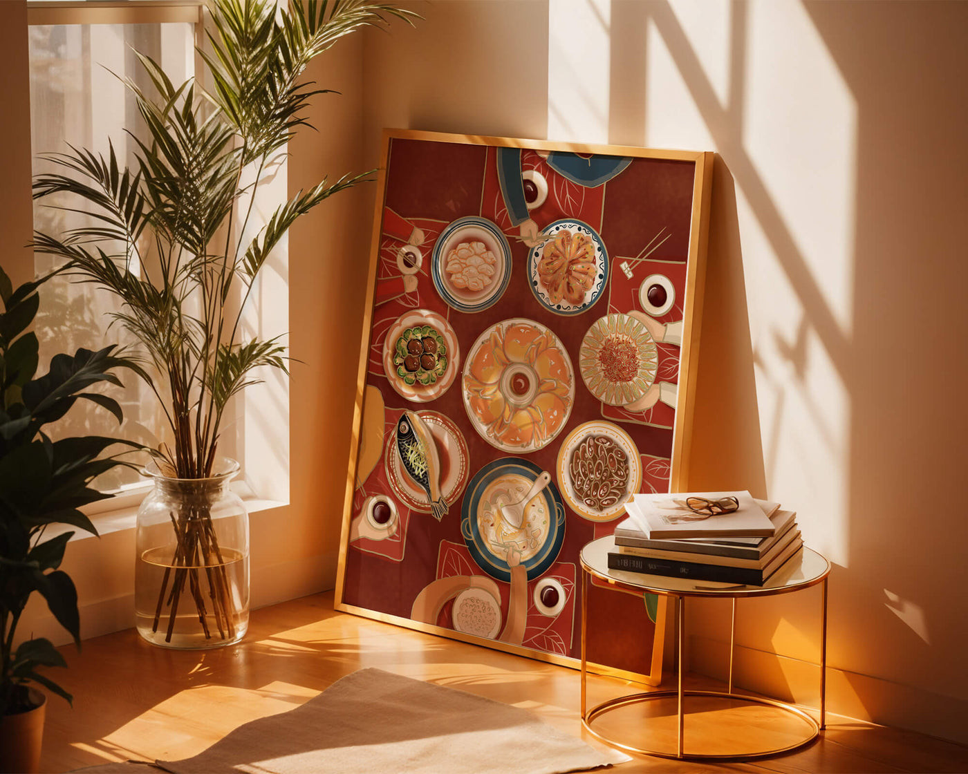 Colorful Chinese cuisine on a dining table with traditional dishes