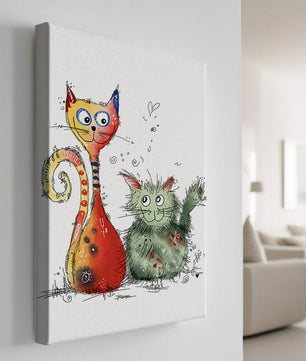 Ilustración artística colorida de dos gatos juguetones sobre fondo blanco