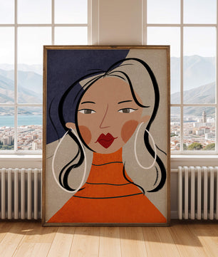 Colorful abstract portrait featuring a woman with red lips and hoop earrings on textured background - Mi tienda