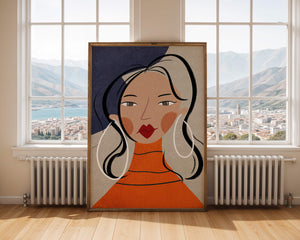 Colorful abstract portrait featuring a woman with red lips and hoop earrings on textured background - Mi tienda