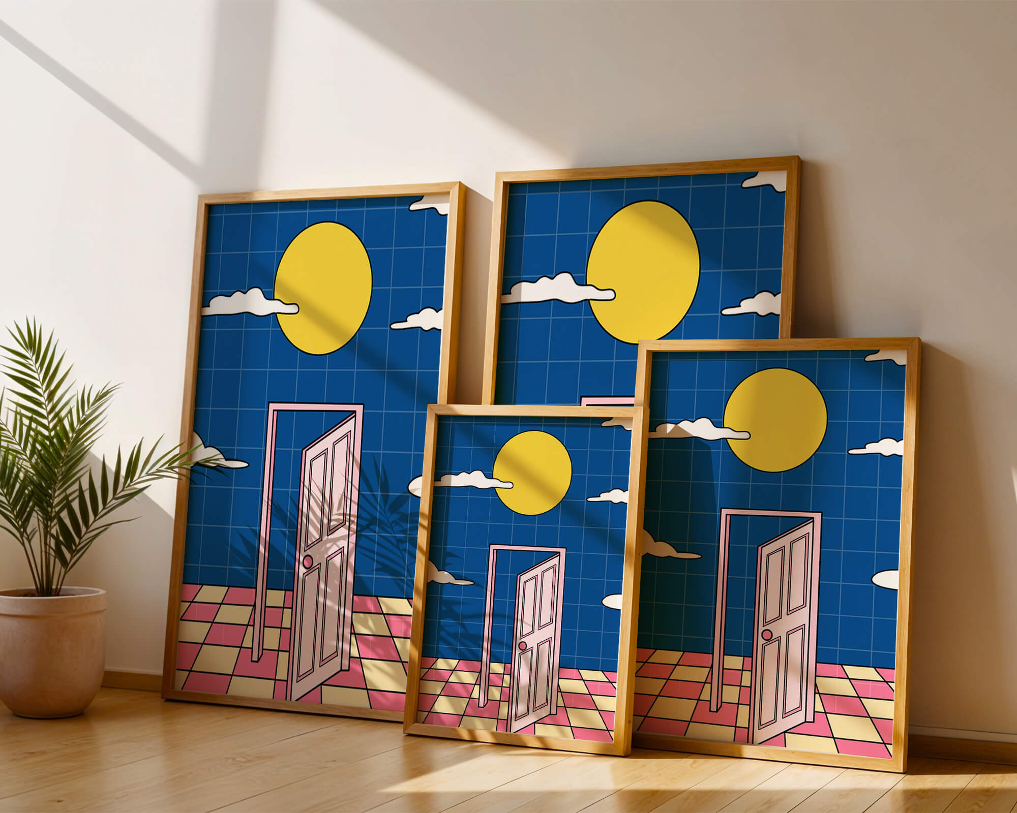 Surreal doorway with pink door under yellow sun and blue sky