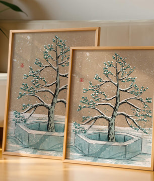 Paisaje invernal con ilustración de árbol bonsái cubierto de nieve
