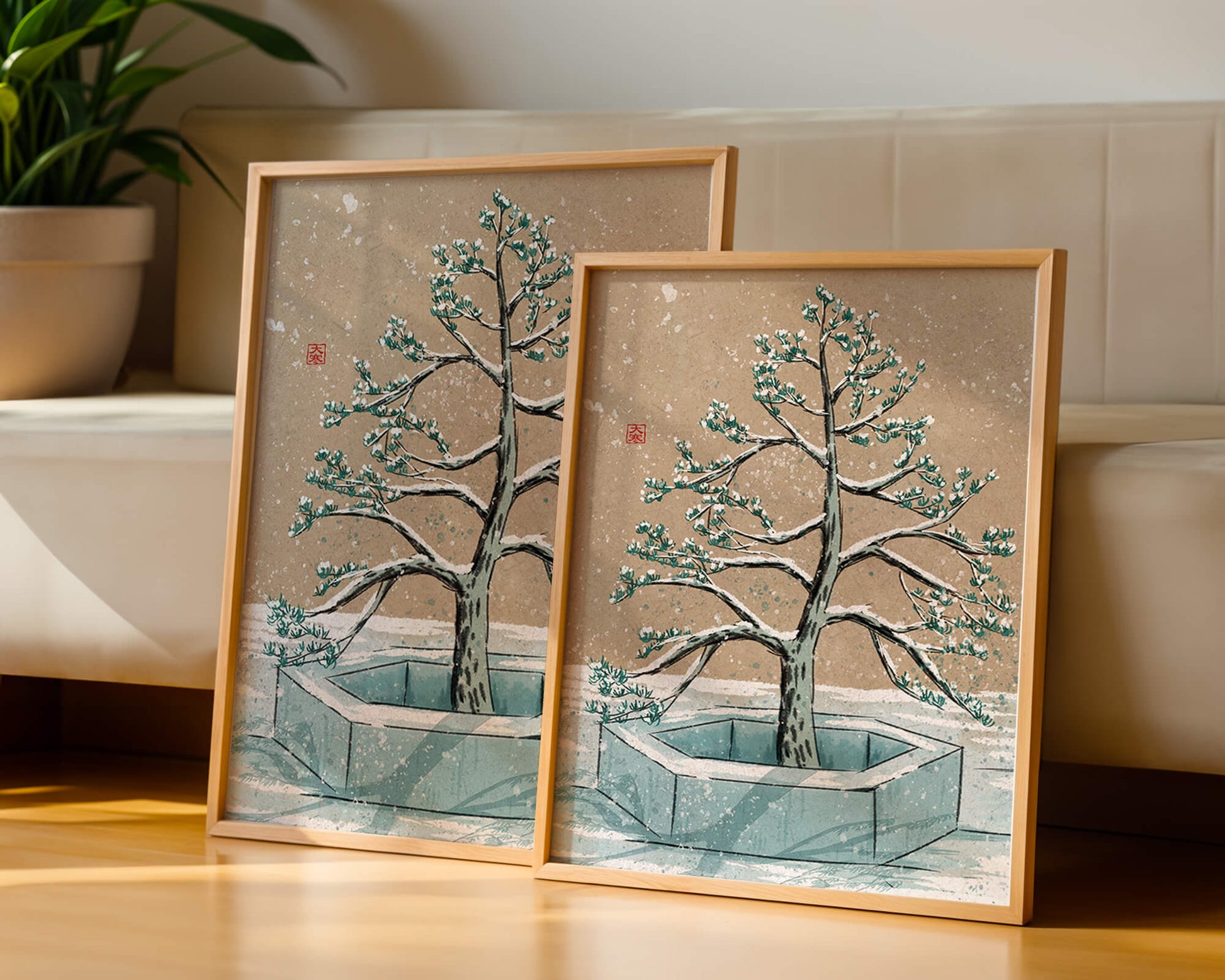 Paisaje invernal con ilustración de árbol bonsái cubierto de nieve