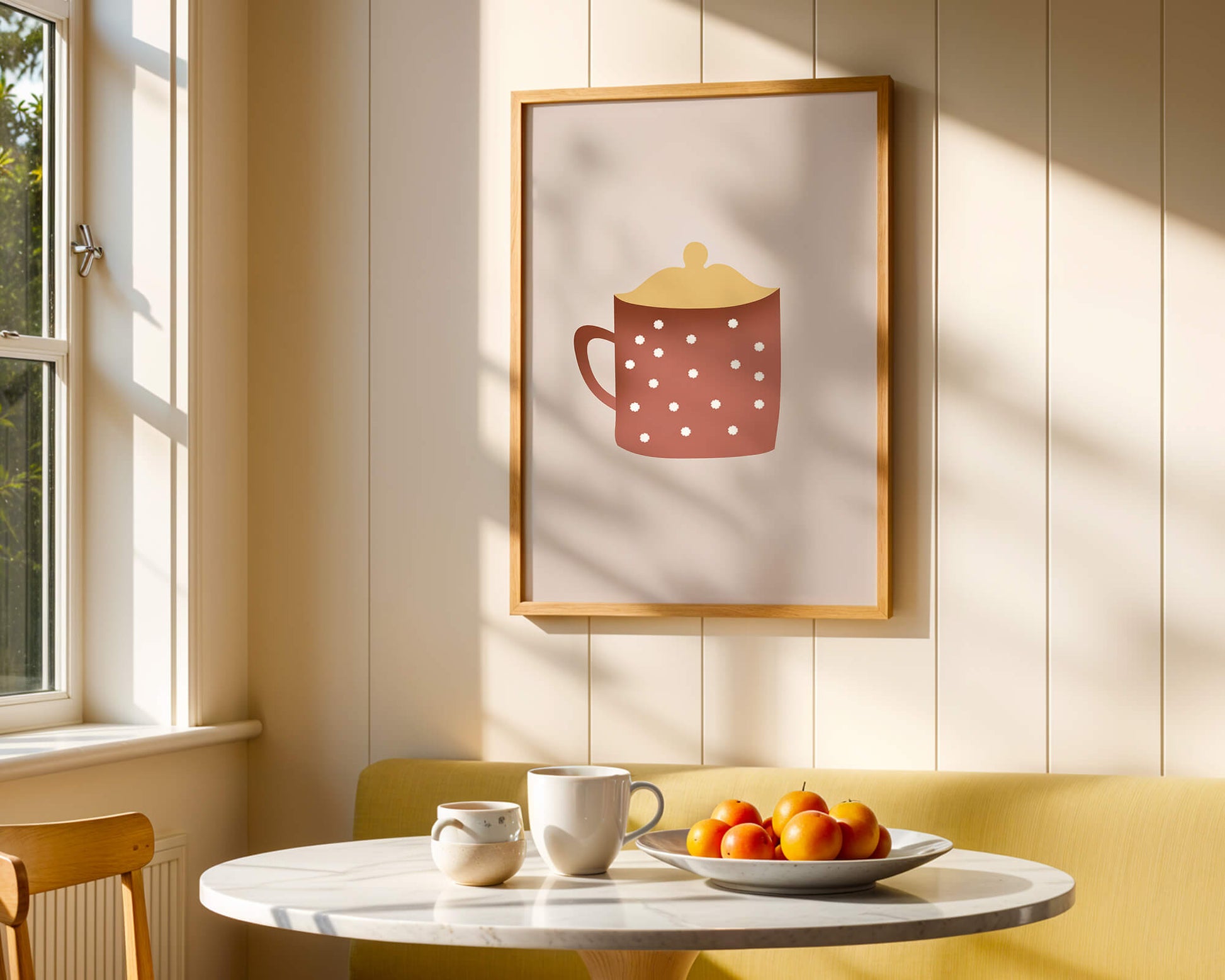 Decorative polka dot mug with yellow lid illustration