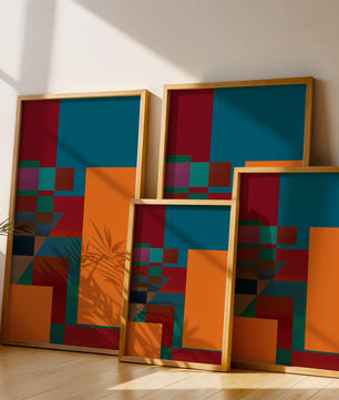 Diseño abstracto geométrico colorido con bloques y tonos audaces