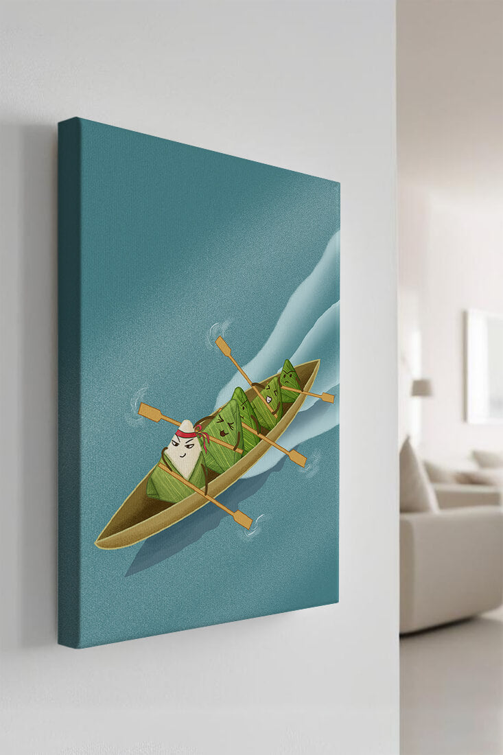 Charming illustration of rice dumplings rowing a boat with expressions