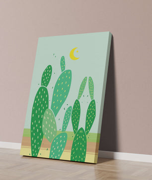 Desert cactus illustration with crescent moon