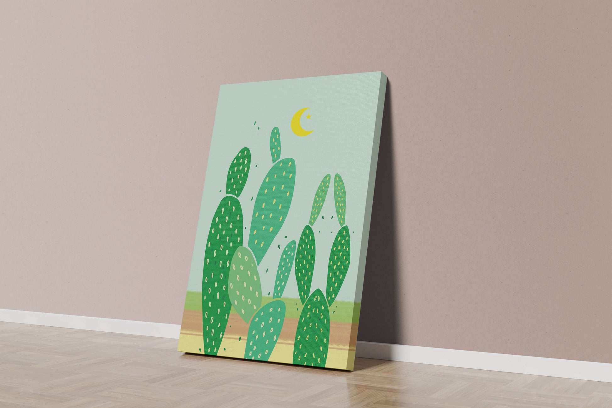 Desert cactus illustration with crescent moon