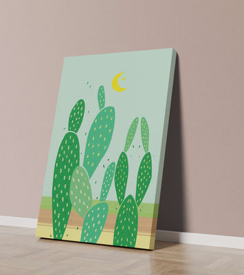 Desert cactus illustration with crescent moon
