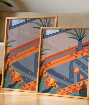 Modern Abstract Interior with Geometric Patterns and Plant