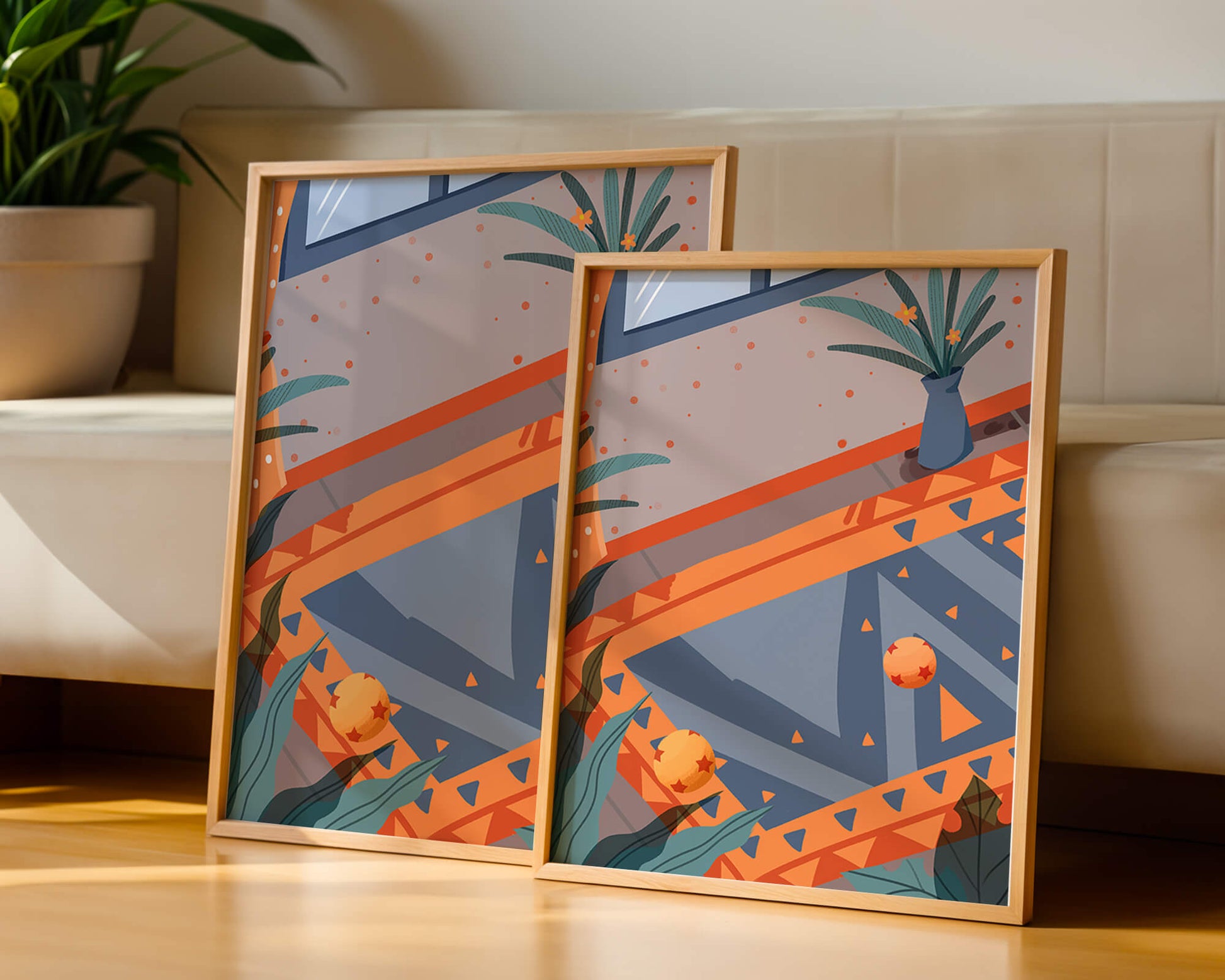 Interior abstracto moderno con patrones geométricos y planta