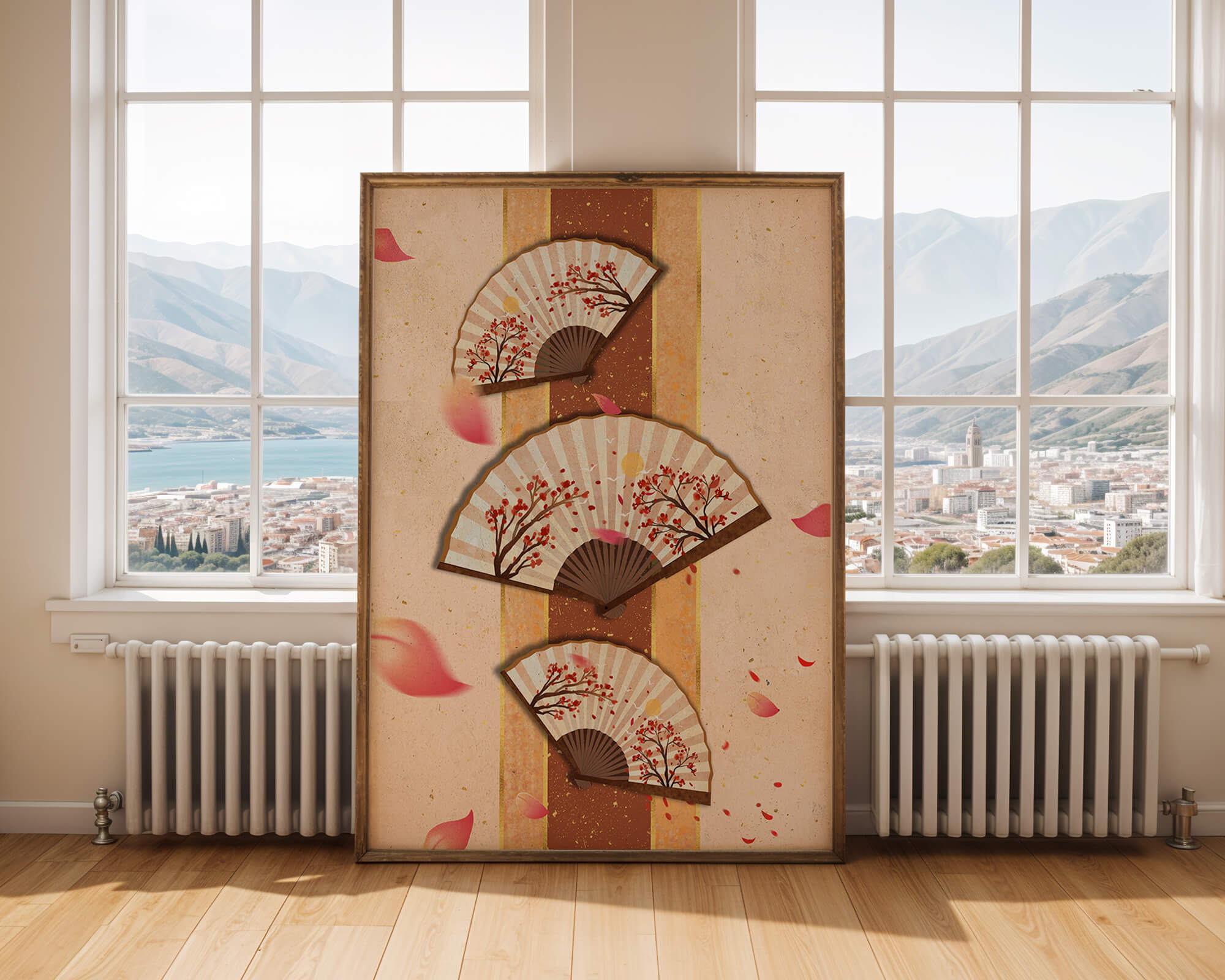 Elegant Japanese Fans with Cherry Blossom Design on Textured Background - Mi tienda