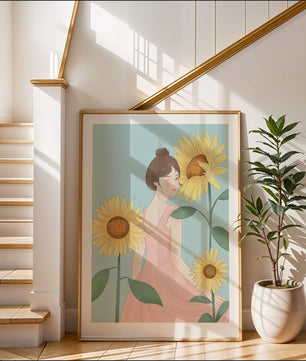 Ilustración de una mujer en un vestido rosa con girasoles