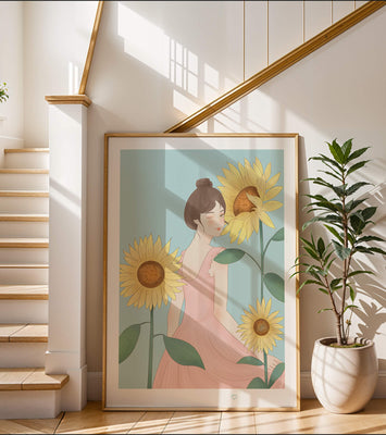 Illustration of a woman in a pink dress with sunflowers