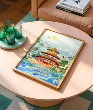 Alter chinesischer Pavillon am Wasser mit Kranichen und Bergen
