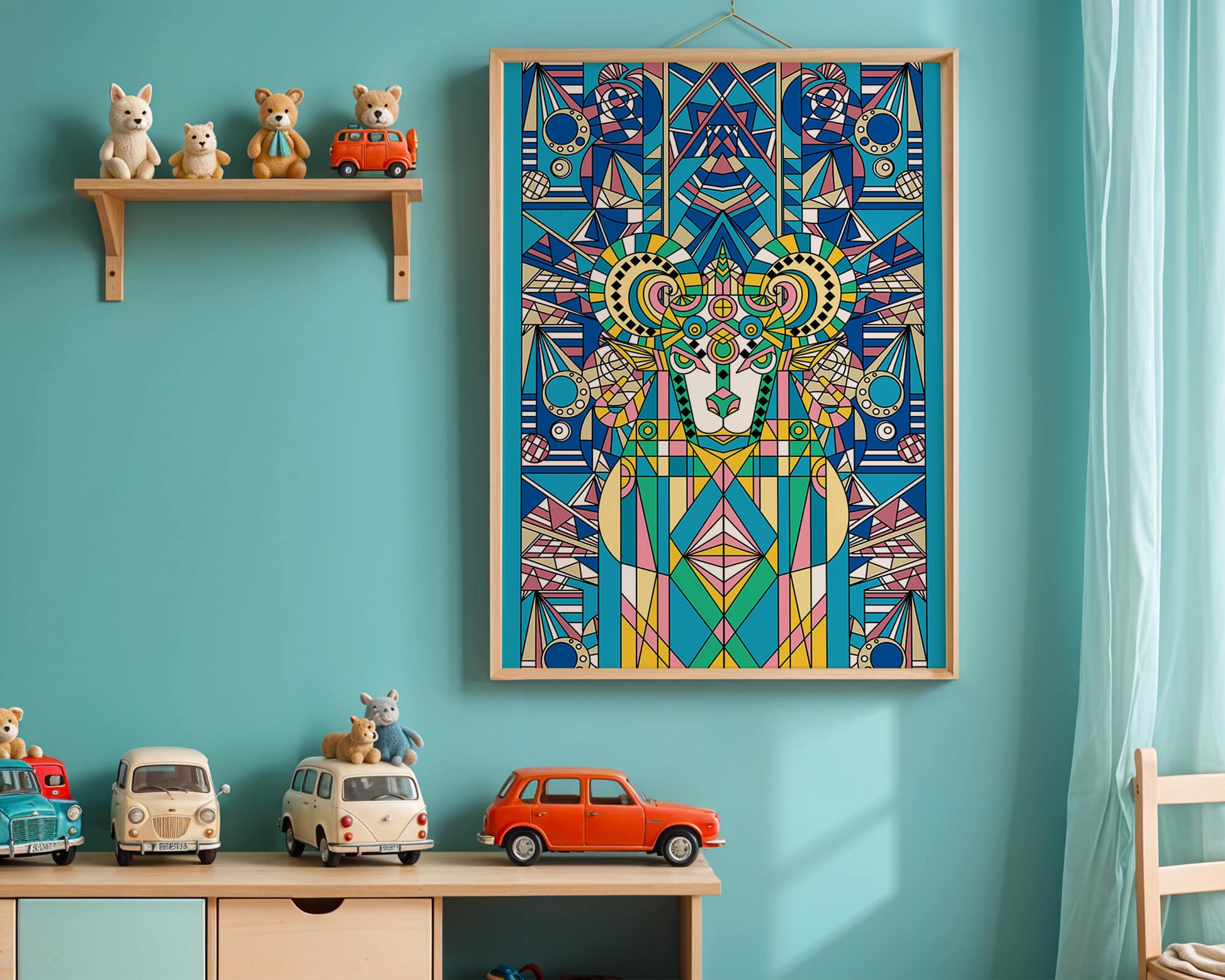 Geometrische Widder-Illustration in lebendigen Farben