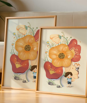 Charming Illustration of Children among Large Flowers with Playful Puppy
