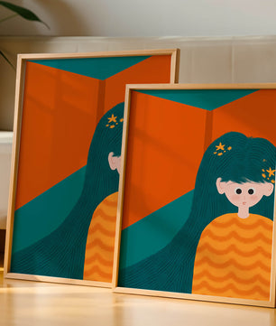 Colorful abstract illustration of a character with teal hair and orange background