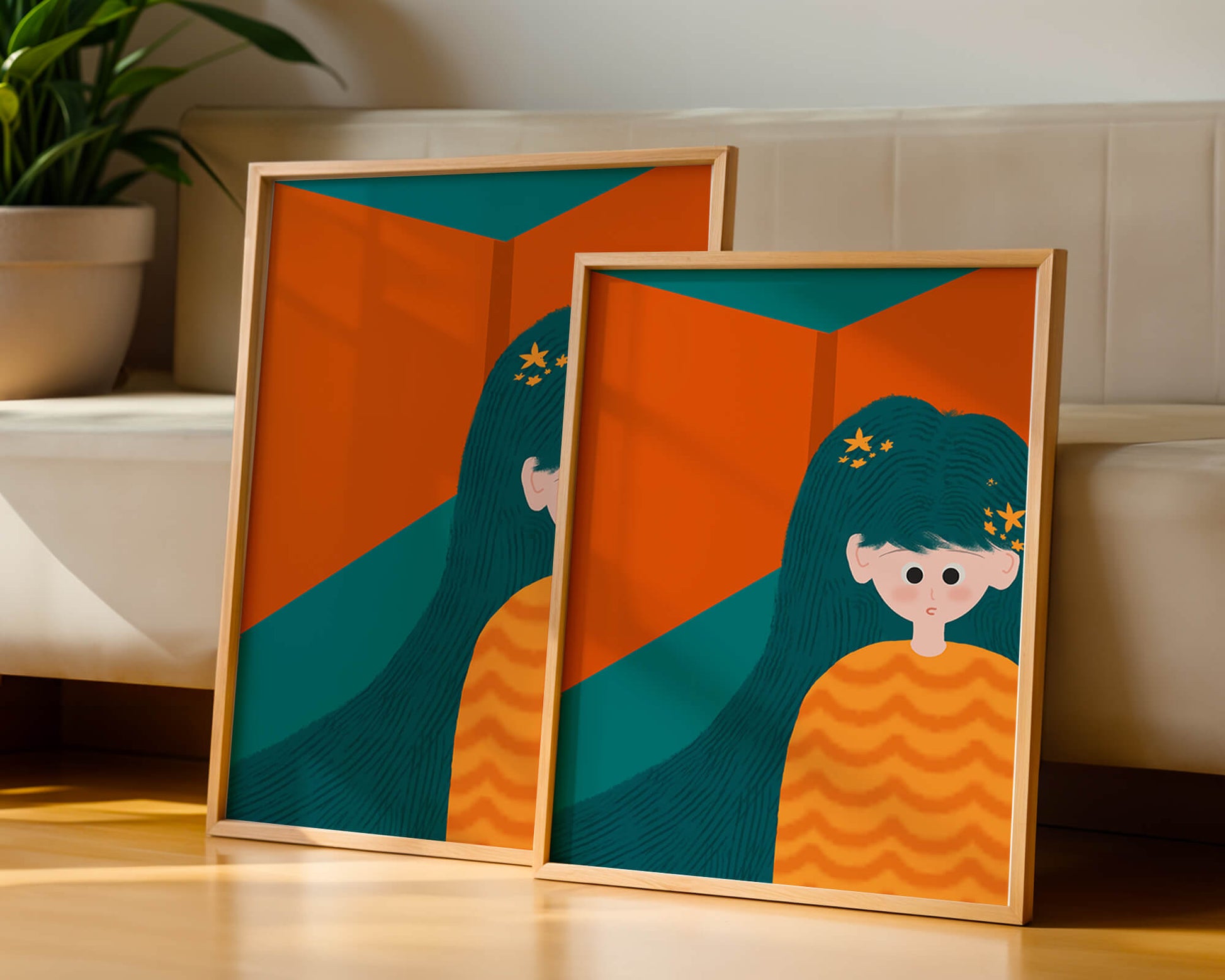Colorful abstract illustration of a character with teal hair and orange background