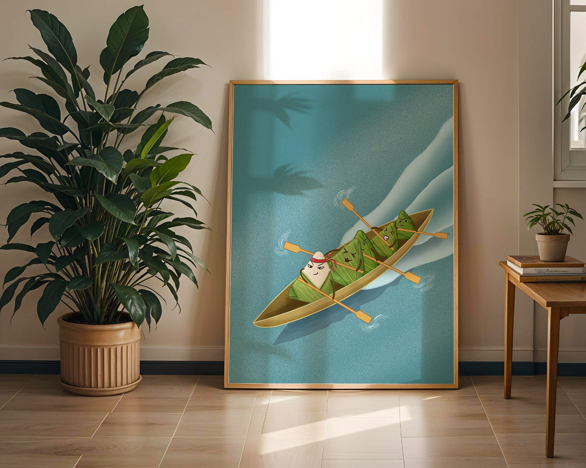 Charming illustration of rice dumplings rowing a boat with expressions